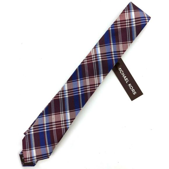 New MICHAEL KORS Kids Boy's Plaid Slim Silk Neck Tie Royal Blue Burgundy - Picture 1 of 1